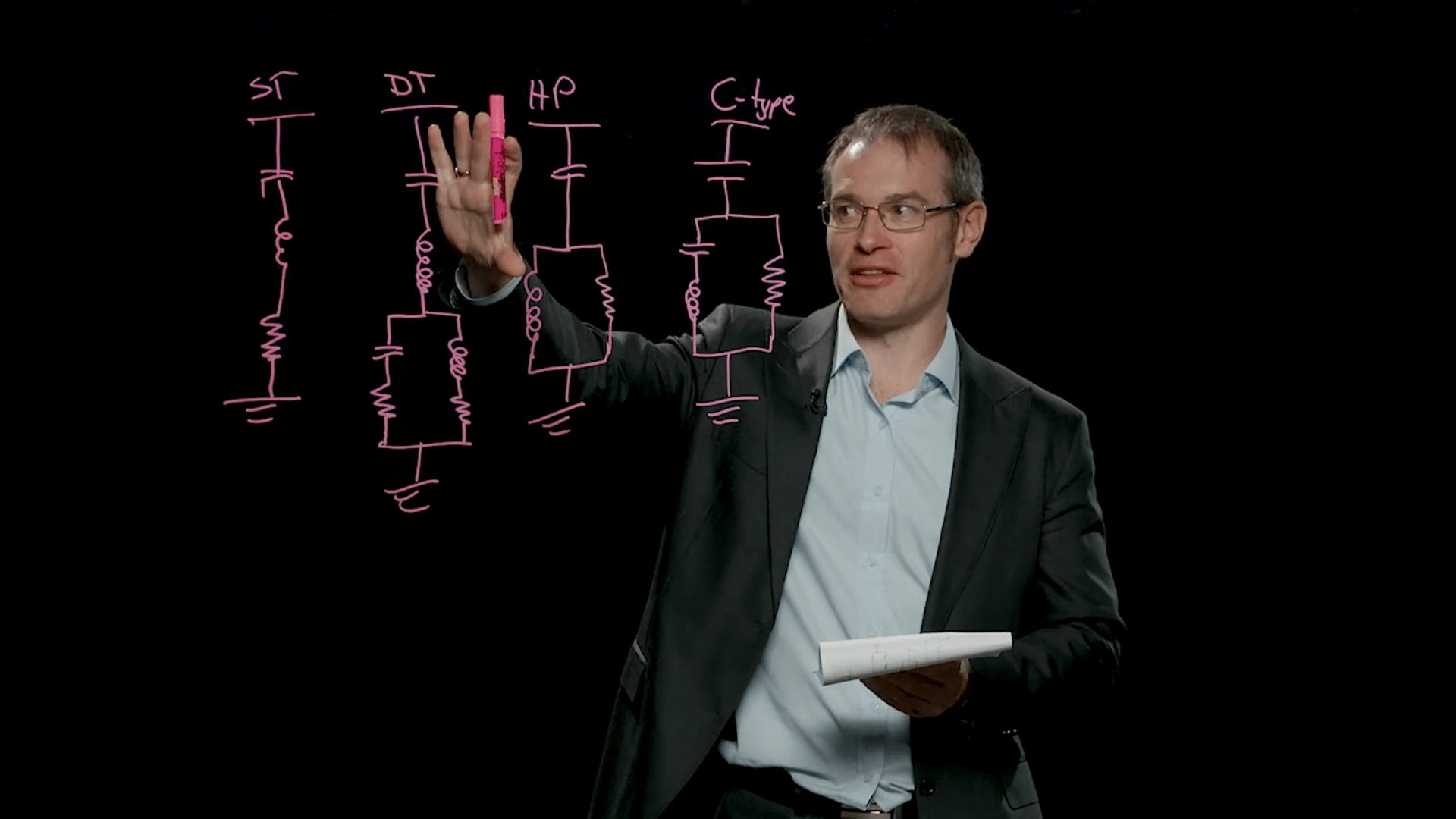 Tim Browne annotating an electrical circuit diagram for ECTE915 using the DIY Lightboard.