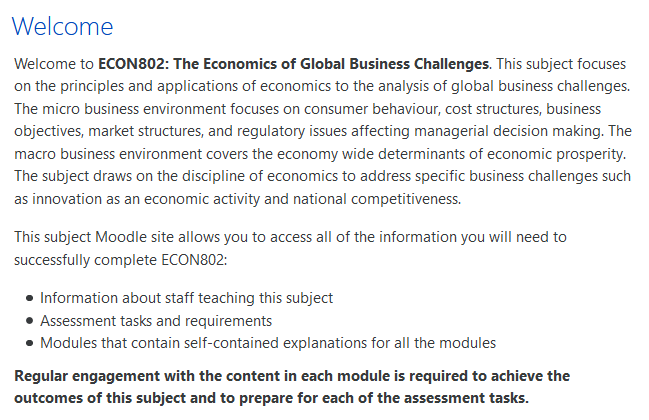Screenshot of text that welcomes students to the ECON802 site.