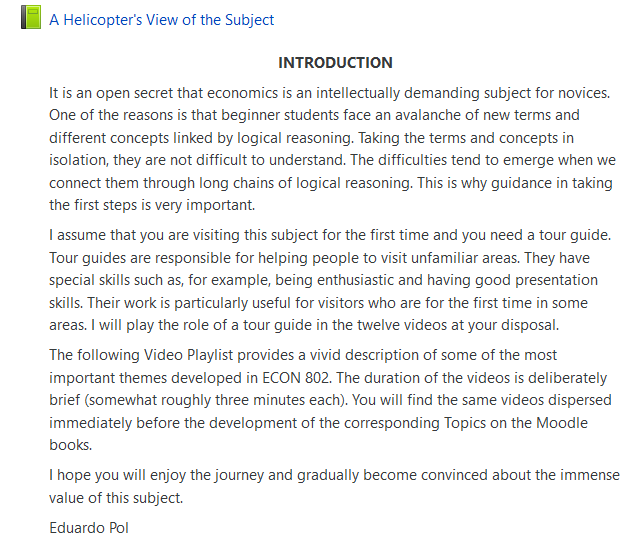 Snapshot of a Moodle book entitled "A Helicopter's View of the Subject" and an explanation of the purpose of the book. 