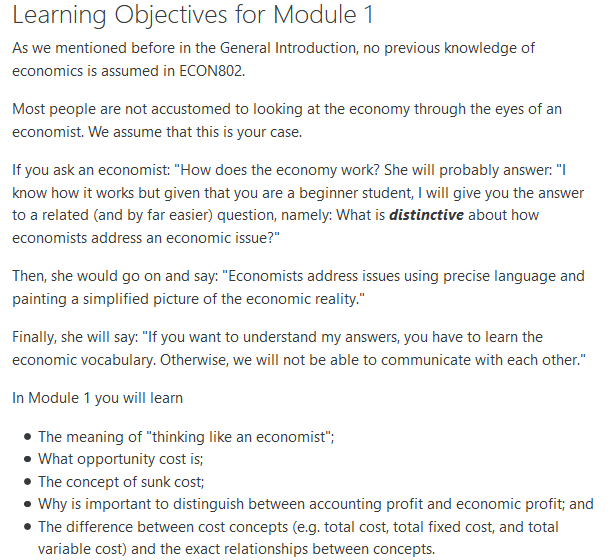 Screenshot of Learning Objectives for a module